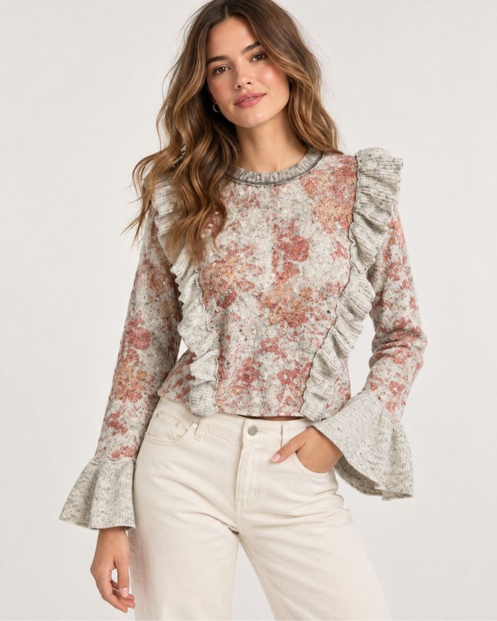 Free People Love Fool Gray Pink Floral Ruffle Bell Sleeve Sweater NWT XS